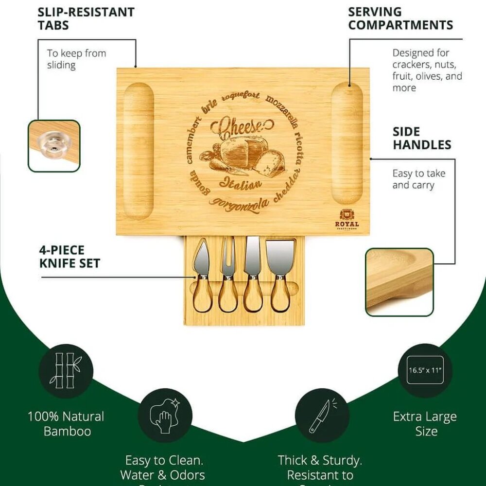 ROYAL CRAFT WOOD Bamboo Cheese Board and Knife Set
